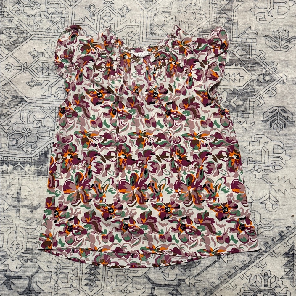 THML Floral Ruffle Sleeve Blouse in White with Purple & Orange Print